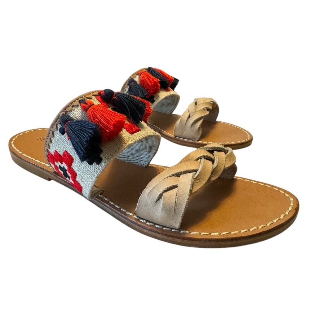 Soludos Womens Slide Sandals Tan and Red Blue Tassel Flat Boho Chic Shoes Size 8